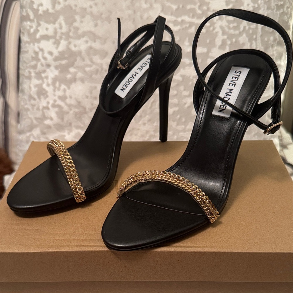 Steve Madden Black Heels with Gold Chain Detail